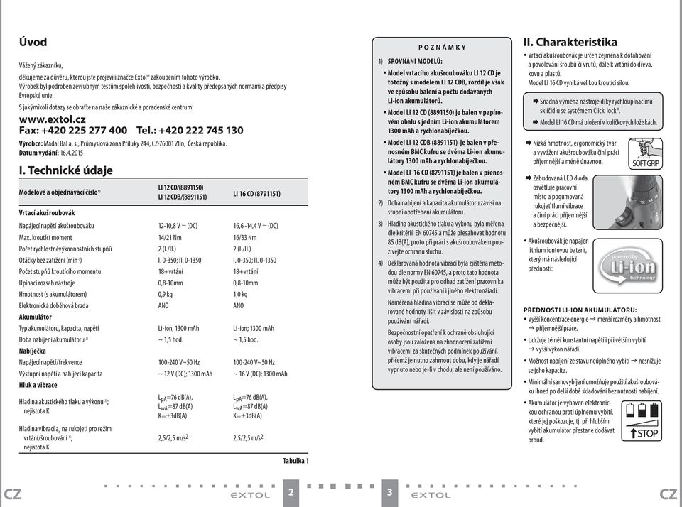 extol.cz Fax: +420 225 277 400 Tel.: +420 222 745 130 Výrobce: Madal Bal a. s., Průmyslová zóna Příluky 244, CZ-76001 Zlín, Česká republika. Datum vydání: 16.4.2015 I.