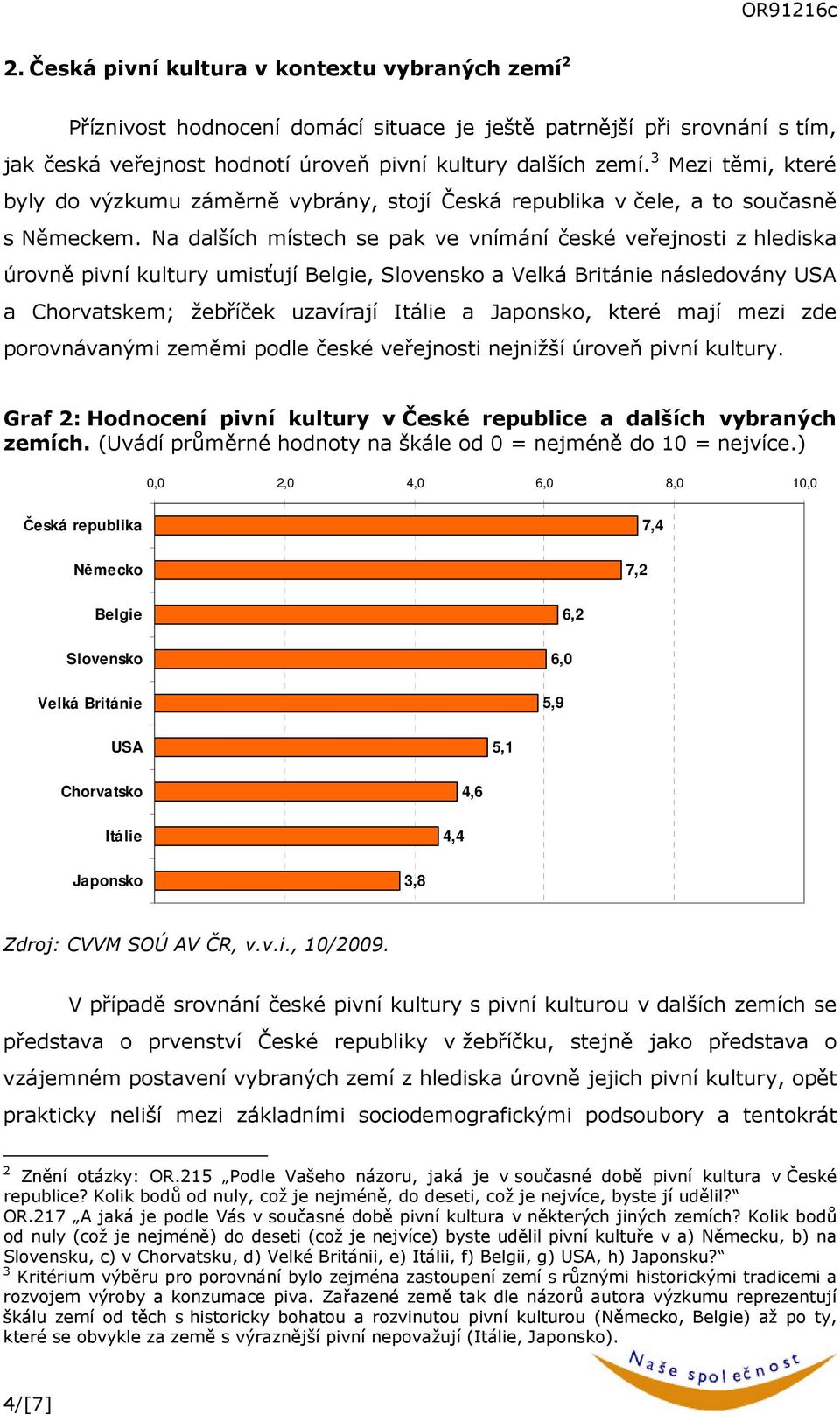 Na dalších místech se pak ve vnímání české veřejnosti z hlediska úrovně pivní kultury umisťují Belgie, Slovensko a Velká Británie následovány USA a Chorvatskem; žebříček uzavírají Itálie a Japonsko,