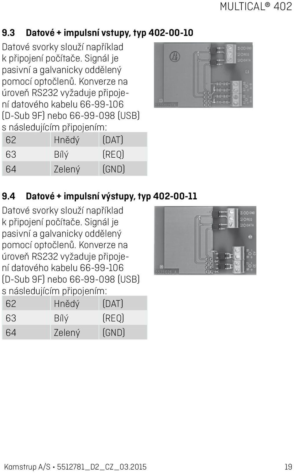 9.4 Datové + impulsní výstupy, typ 402-00-11 Datové svorky slouží například k připojení počítače. Signál je pasivní a galvanicky oddělený pomocí optočlenů.