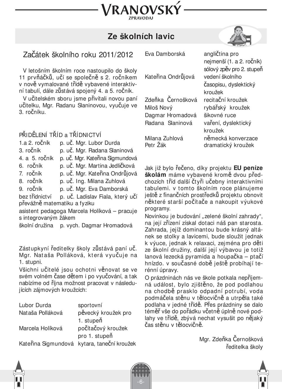 ročníku. PŘIDĚLENÍ TŘÍD a TŘÍDNICTVÍ 1.a 2. ročník p. uč. Mgr. Lubor Durda 3. ročník p. uč. Mgr. Radana Slaninová 4. a 5. ročník p. uč. Mgr. Kateřina Sigmundová 6. ročník p. uč. Mgr. Martina Jedličková 7.
