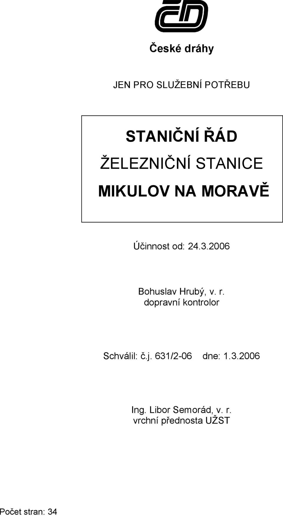2006 Bohuslav Hrubý, v. r. dopravní kontrolor Schválil: č.j.