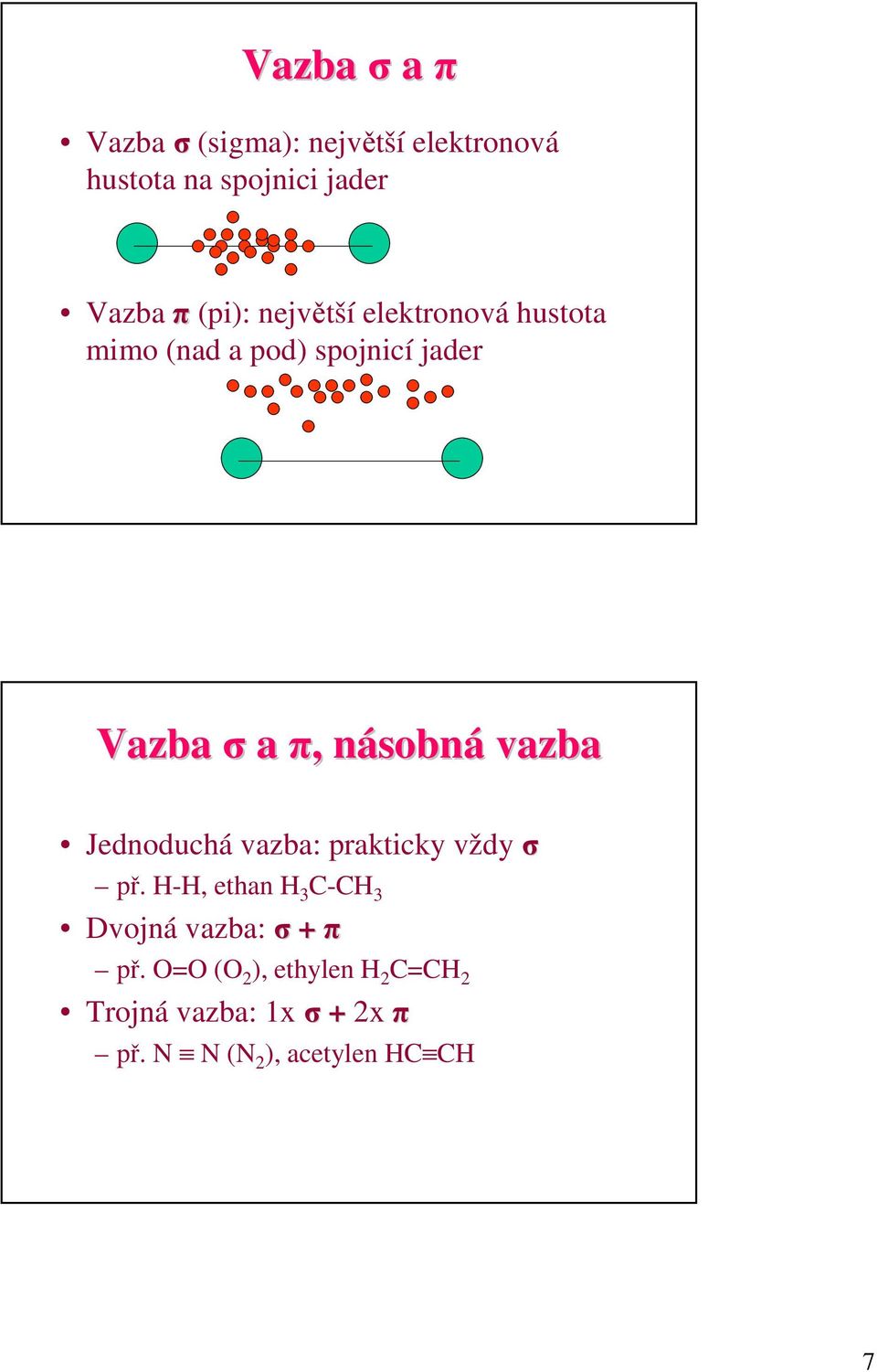 Jednoduchá vazba: prakticky vždyσ př. H-H, ethan H 3 C-CH 3 Dvojná vazba: σ + π př.