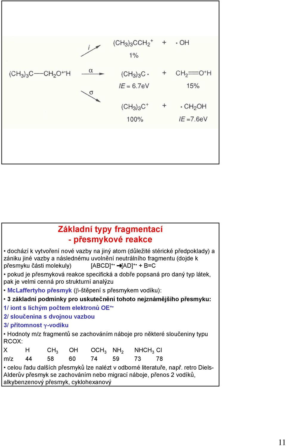 přesmykem vodíku): 3 základní podmínky pro uskutečnění tohoto nejznámějšího přesmyku: 1/ iont s lichým počtem elektronů OE +C 2/ sloučenina s dvojnou vazbou 3/ přítomnost (-vodíku Hodnoty m/z