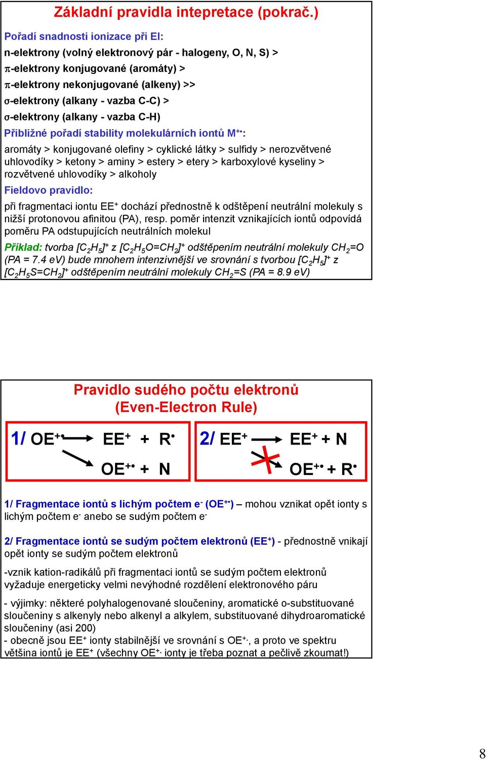 C-C) > F-elektrony (alkany - vazba C-H) Přibližné pořadí stability molekulárních iontů M +C : aromáty > konjugované olefiny > cyklické látky > sulfidy > nerozvětvené uhlovodíky > ketony > aminy >