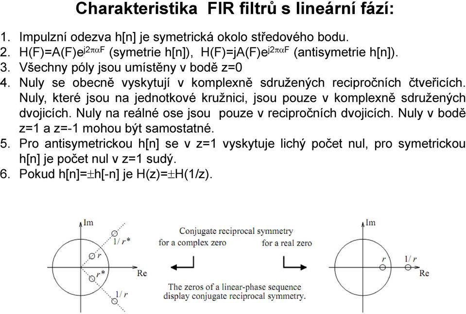 Nuly se obecě vyskytují v komplexě sdružeých recipročích čtveřicích. Nuly, které jsou a jedotkové kružici, jsou pouze v komplexě sdružeých dvojicích.