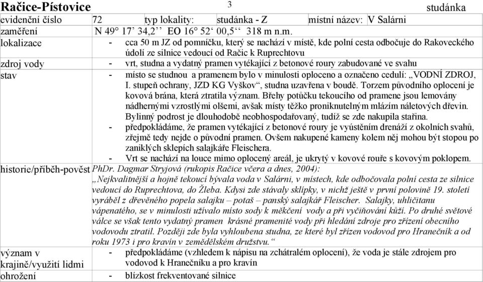 vytékající z betonové roury zabudované ve svahu místo se studnou a pramenem bylo v minulosti oploceno a označeno cedulí: VODNÍ ZDROJ, I. stupeň ochrany, JZD KG Vyškov, studna uzavřena v boudě.