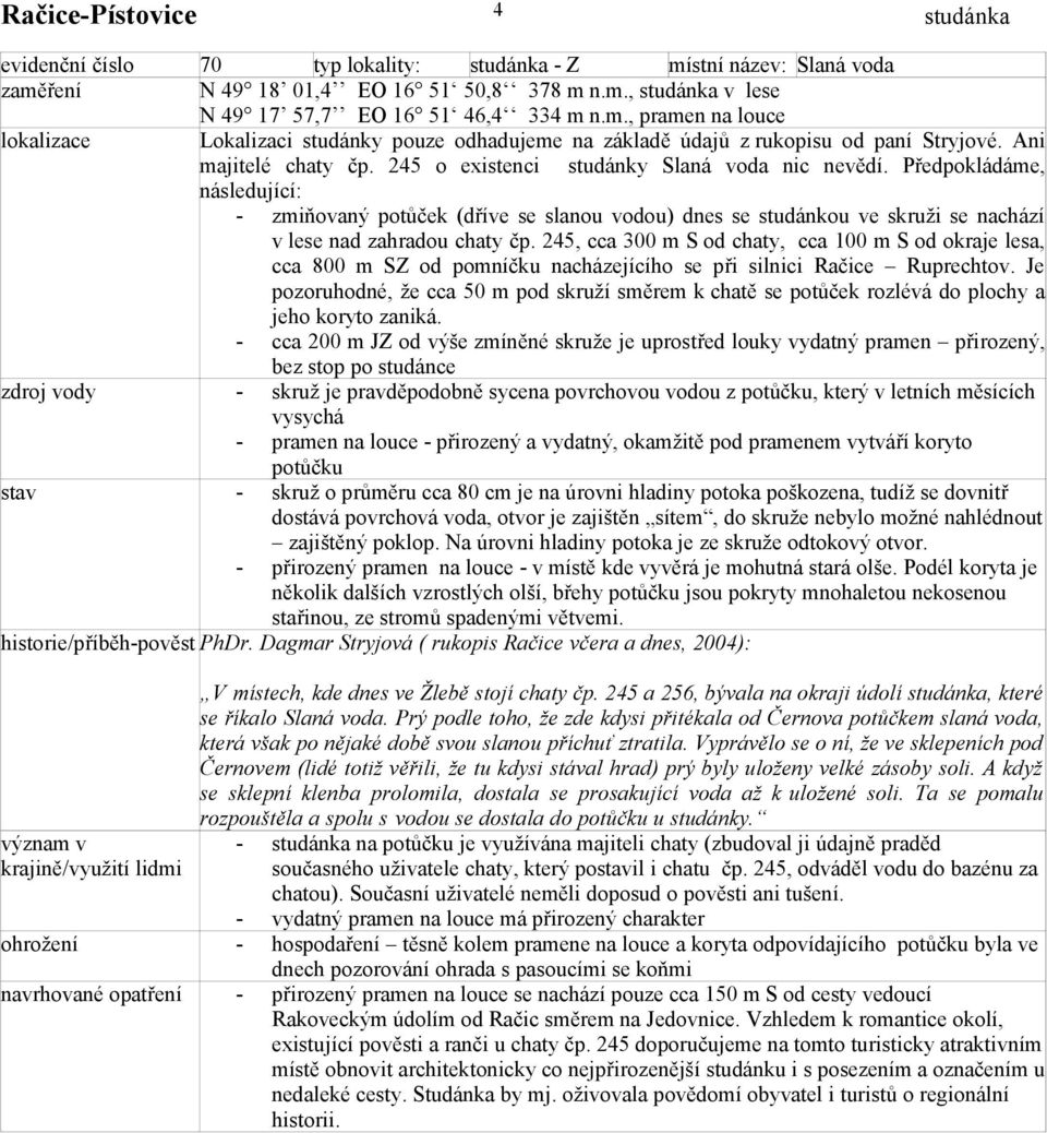 Předpokládáme, následující: zmiňovaný potůček (dříve se slanou vodou) dnes se studánkou ve skruži se nachází v lese nad zahradou chaty čp.