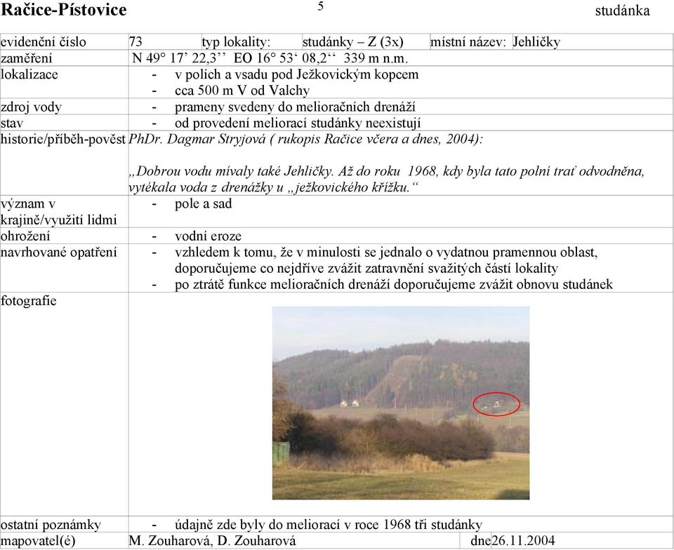 n.m. v polích a vsadu pod Ježkovickým kopcem cca 500 m V od Valchy prameny svedeny do melioračních drenáží od provedení meliorací studánky neexistují historie/příběhpověst PhDr.