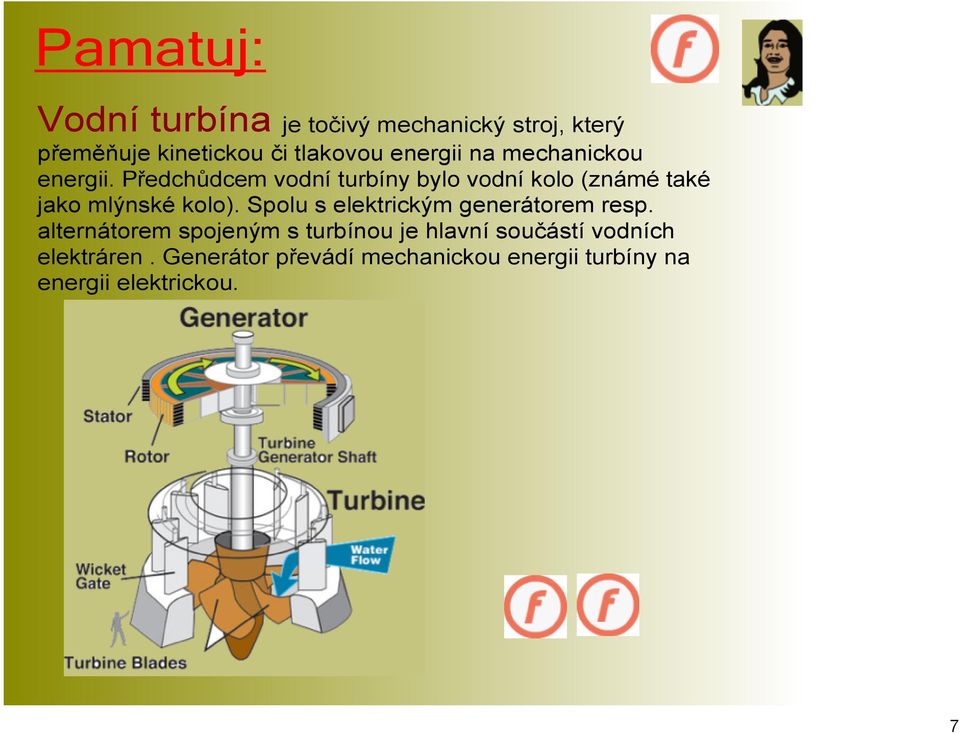 Předchůdcem vodní turbíny bylo vodní kolo (známé také jako mlýnské kolo).