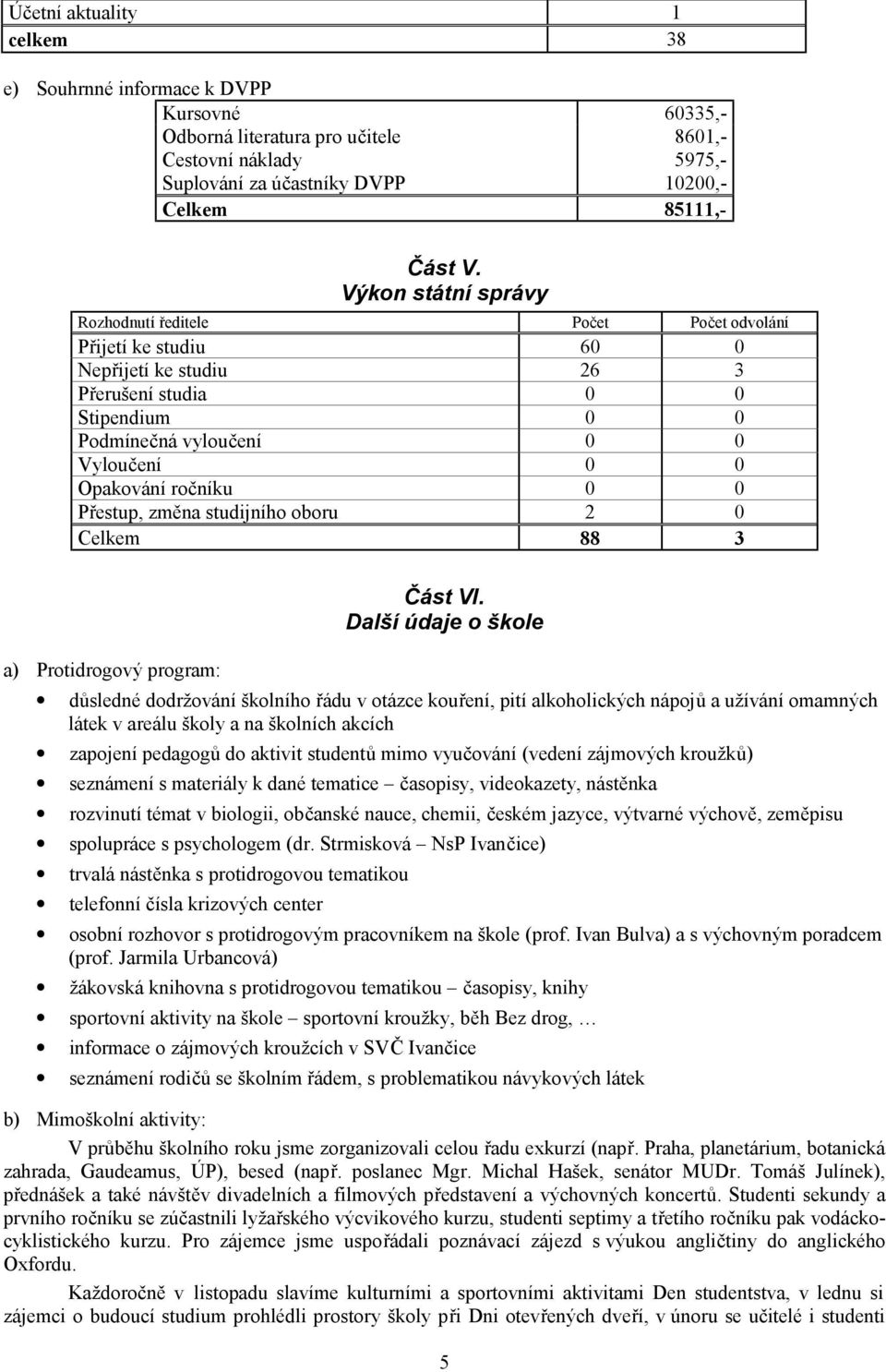 ročníku 0 0 Přestup, změna studijního oboru 2 0 Celkem 88 3 a) Protidrogový program: Část VI.