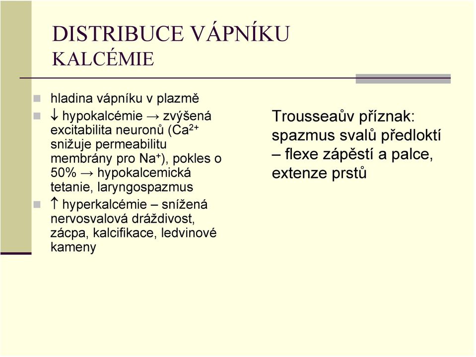 tetanie, laryngospazmus hyperkalcémie snížená nervosvalová dráždivost, zácpa,