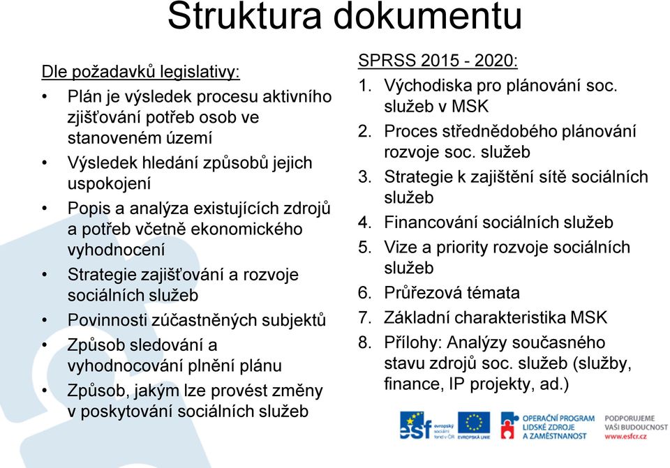 provést změny v poskytování sociálních služeb SPRSS 2015-2020: 1. Východiska pro plánování soc. služeb v MSK 2. Proces střednědobého plánování rozvoje soc. služeb 3.