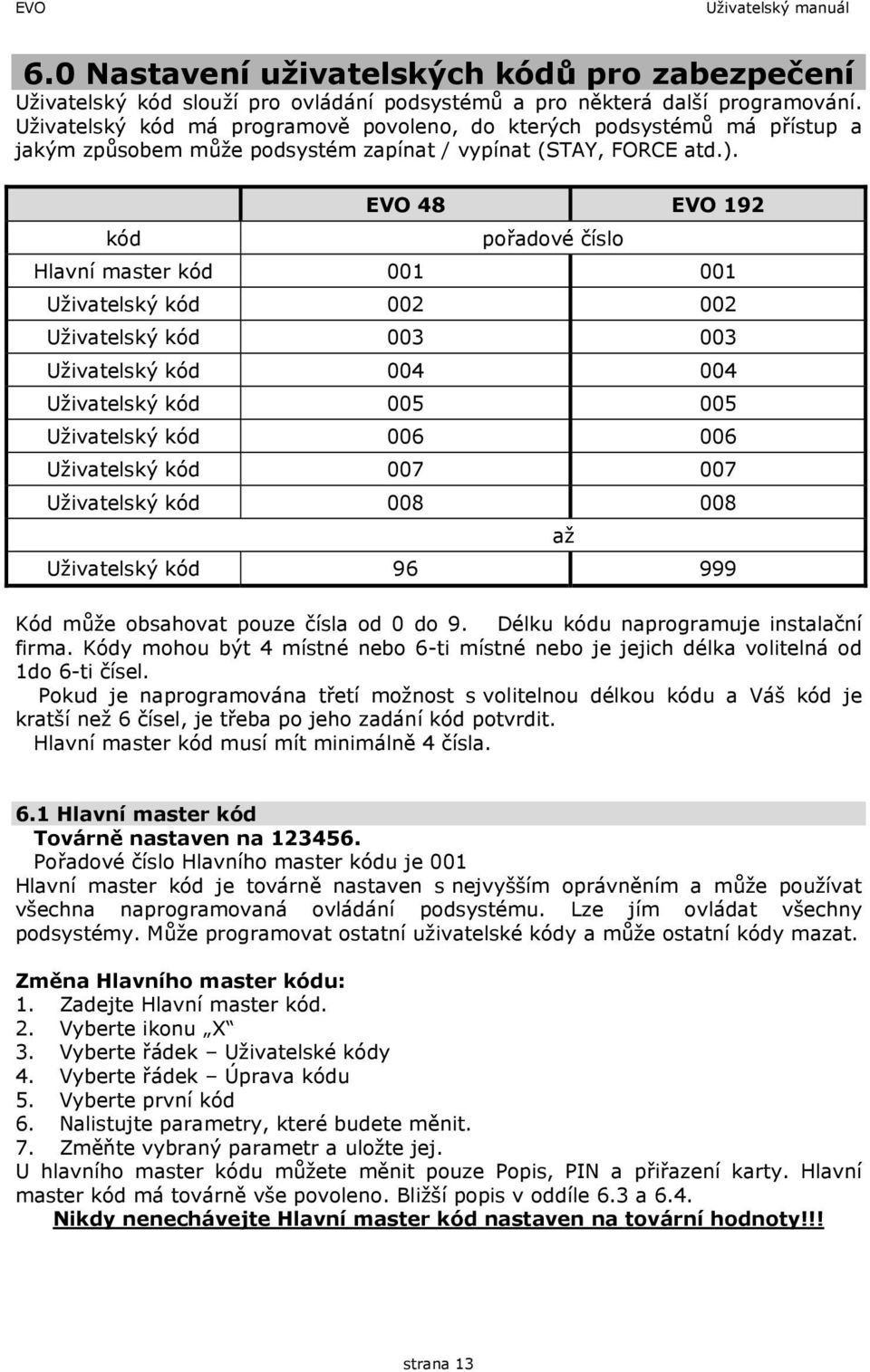 kód EVO 48 EVO 192 pořadové číslo Hlavní master kód 001 001 Uživatelský kód 002 002 Uživatelský kód 003 003 Uživatelský kód 004 004 Uživatelský kód 005 005 Uživatelský kód 006 006 Uživatelský kód 007