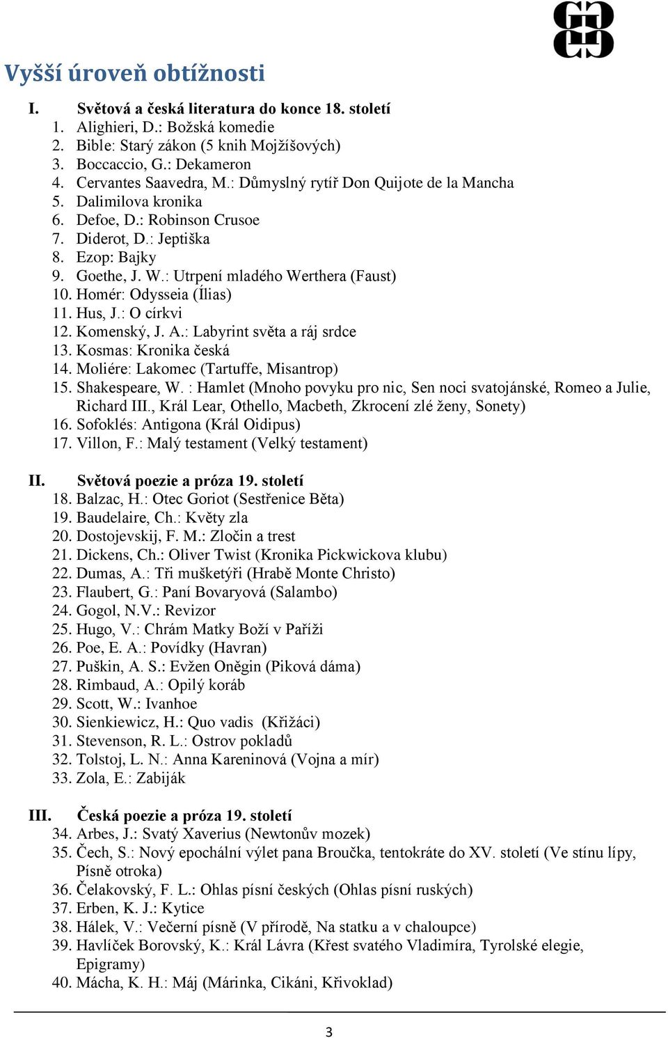 : Utrpení mladého Werthera (Faust) 10. Homér: Odysseia (Ílias) 11. Hus, J.: O církvi 12. Komenský, J. A.: Labyrint světa a ráj srdce 13. Kosmas: Kronika česká 14.