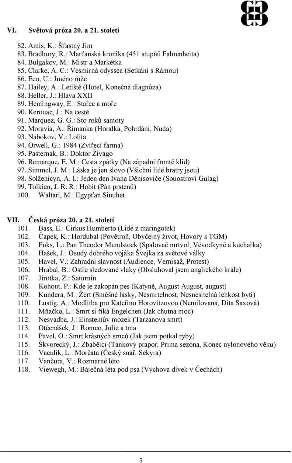 : Na cestě 91. Márquez, G. G.: Sto roků samoty 92. Moravia, A.: Římanka (Horalka, Pohrdání, Nuda) 93. Nabokov, V.: Lolita 94. Orwell, G.: 1984 (Zvířecí farma) 95. Pasternak, B.: Doktor Živago 96.