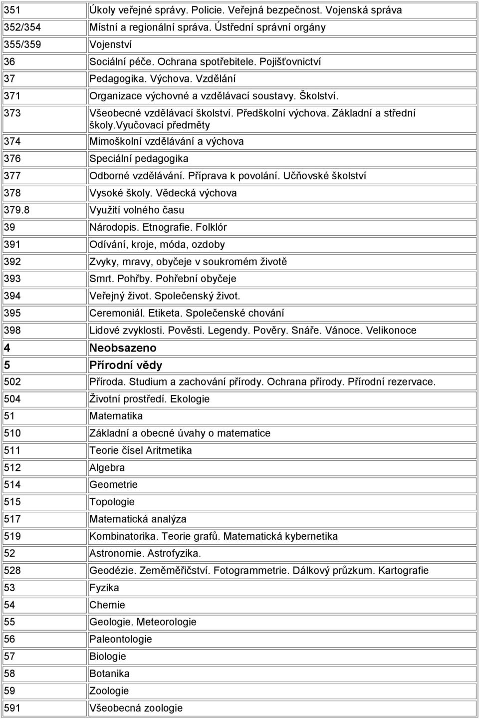 vyučovací předměty 374 Mimoškolní vzdělávání a výchova 376 Speciální pedagogika 377 Odborné vzdělávání. Příprava k povolání. Učňovské školství 378 Vysoké školy. Vědecká výchova 379.