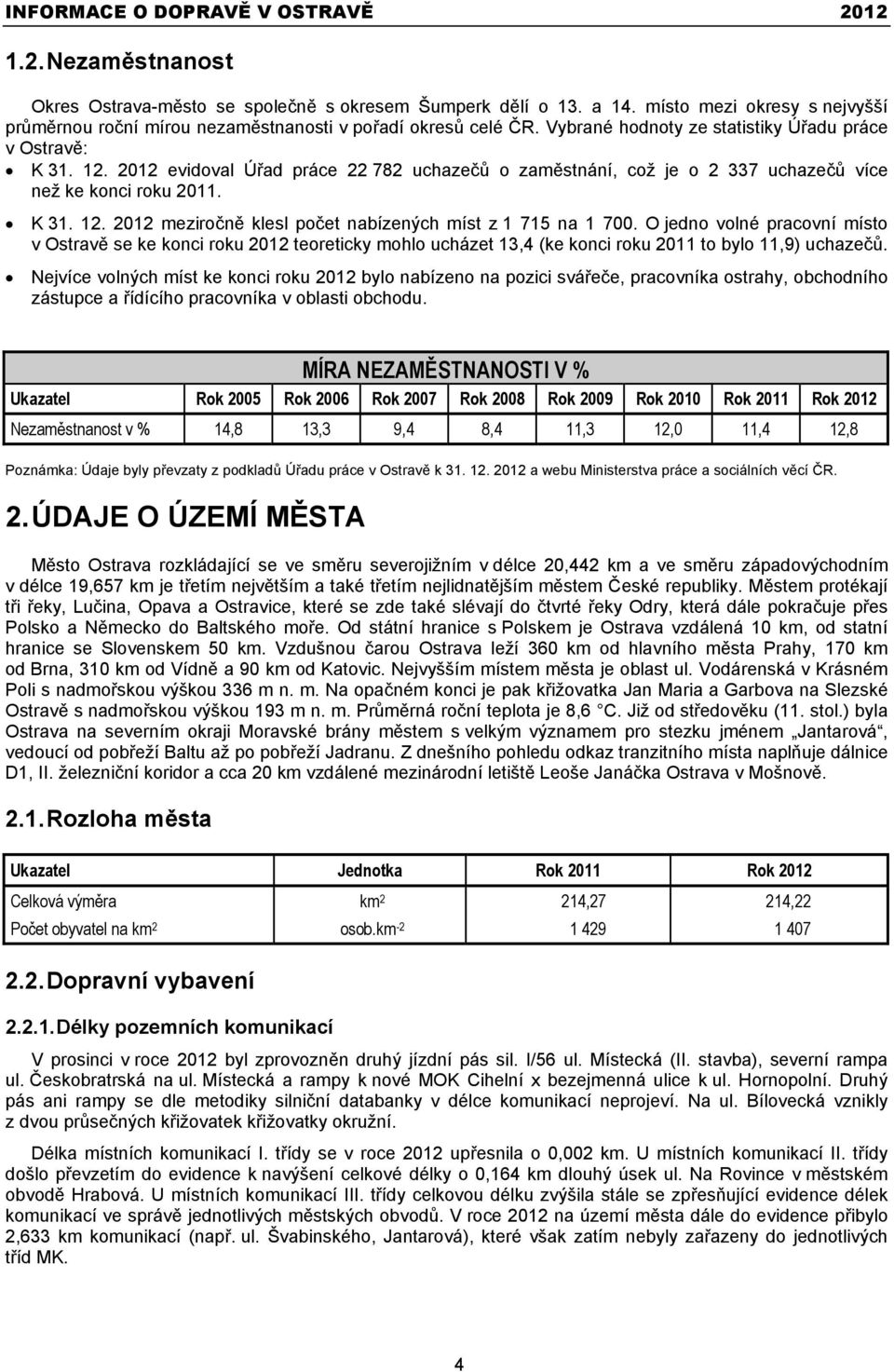 O jedno volné pracovní místo v Ostravě se ke konci roku 2012 teoreticky mohlo ucházet 13,4 (ke konci roku 2011 to bylo 11,9) uchazečů.