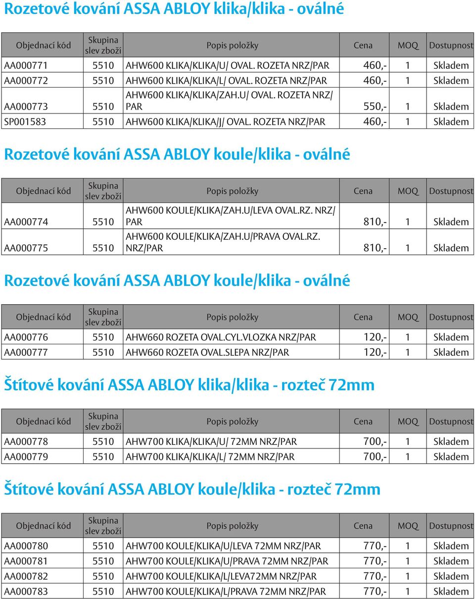 ROZETA NRZ/PAR 460,- 1 Skladem Rozetové kování ASSA ABLOY koule/klika - oválné AA000774 5510 AA000775 5510 AHW600 KOULE/KLIKA/ZAH.U/LEVA OVAL.RZ. NRZ/ PAR 810,- 1 Skladem AHW600 KOULE/KLIKA/ZAH.