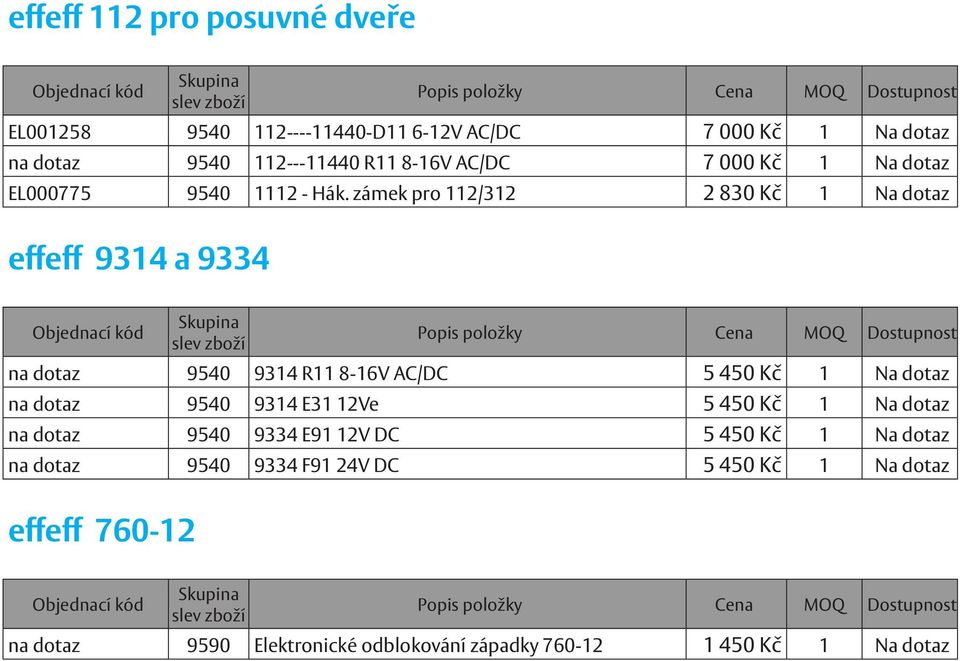 zámek pro 112/312 2 830 Kč 1 Na dotaz effeff 9314 a 9334 na dotaz 9540 9314 R11 8-16V AC/DC 5 450 Kč 1 Na dotaz na dotaz 9540 9314
