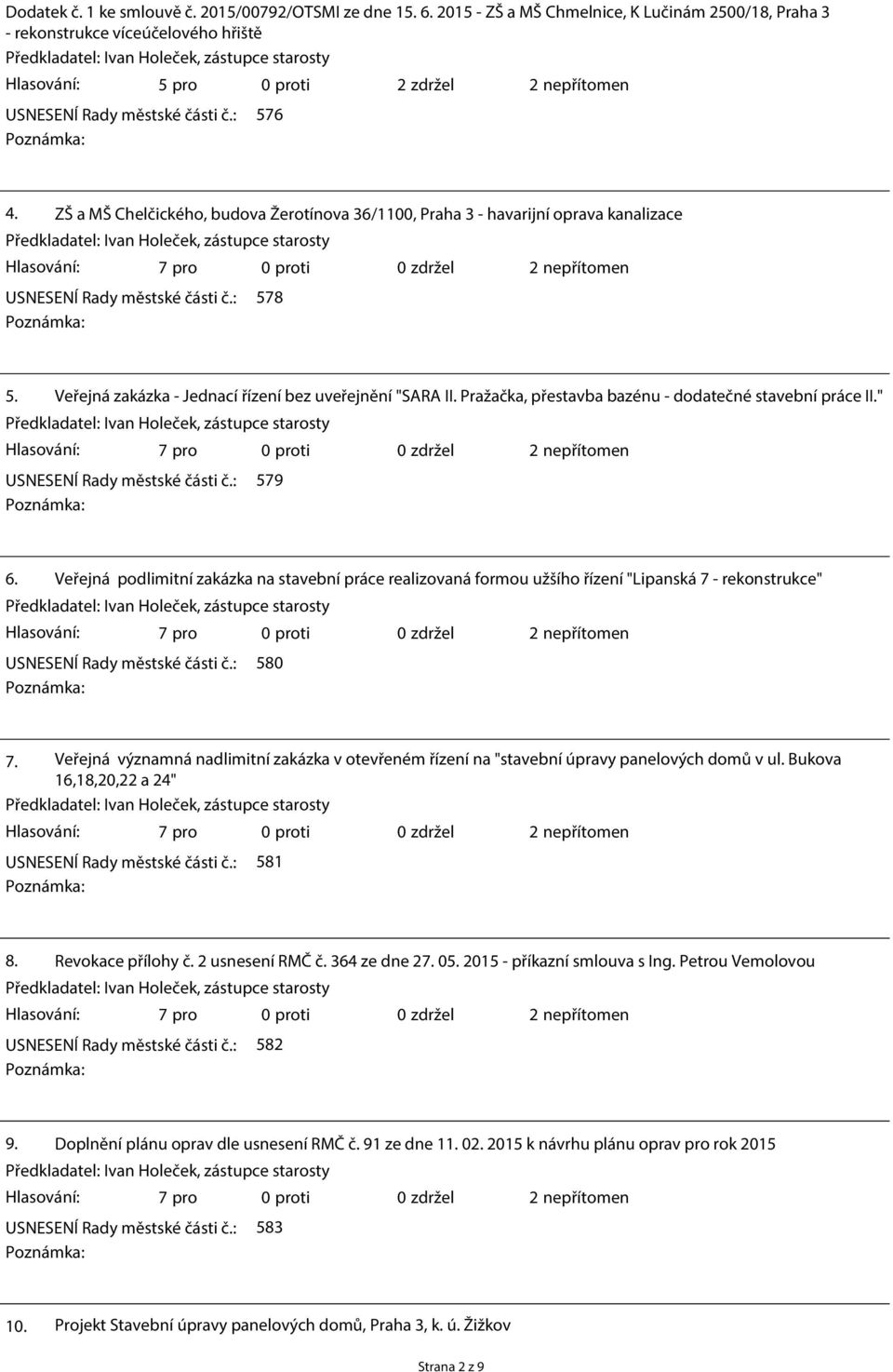 Pražačka, přestavba bazénu - dodatečné stavební práce II." USNESENÍ Rady městské části č.: 579 6.