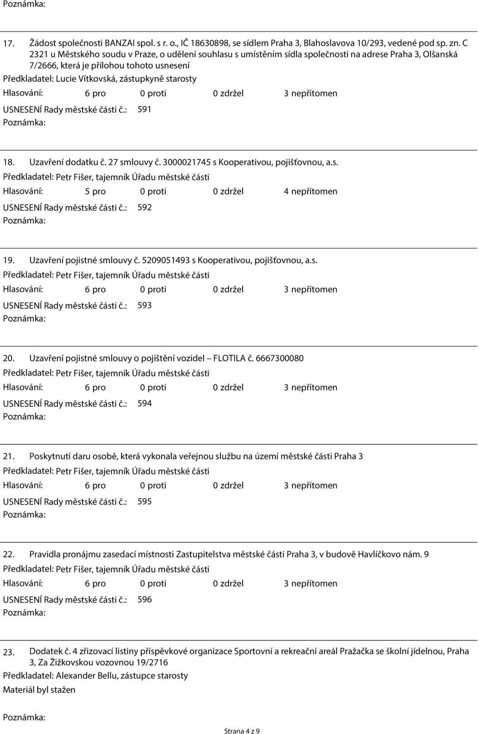 starosty USNESENÍ Rady městské části č.: 591 18. Uzavření dodatku č. 27 smlouvy č. 3000021745 s Kooperativou, pojišťovnou, a.s. 5 pro 0 proti 4 nepřítomen USNESENÍ Rady městské části č.: 592 19.