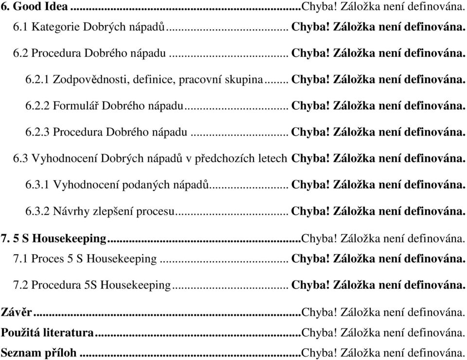 Záložka není definována. 6.3.1 Vyhodnocení podaných nápadů... Chyba! Záložka není definována. 6.3.2 Návrhy zlepšení procesu... Chyba! Záložka není definována. 7. 5 S Housekeeping... Chyba! Záložka není definována. 7.1 Proces 5 S Housekeeping.