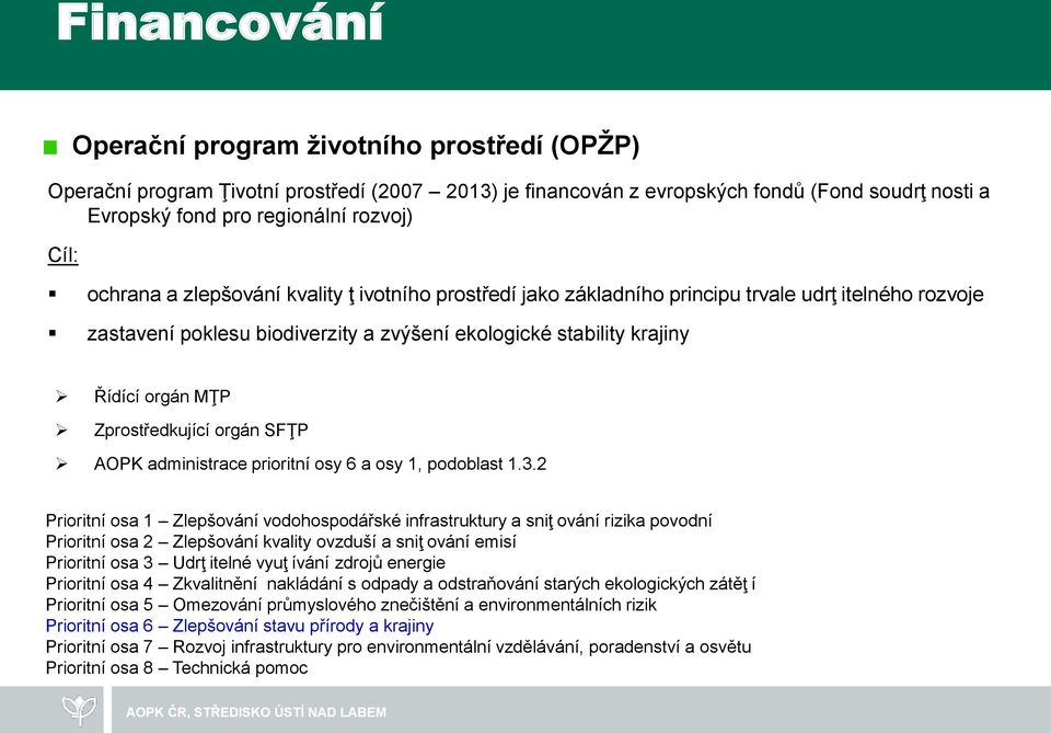 Zprostředkující orgán SFŢP AOPK administrace prioritní osy 6 a osy 1, podoblast 1.3.