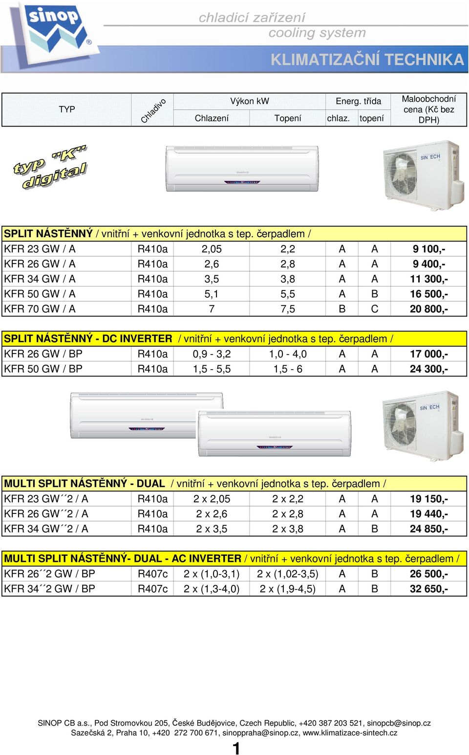 7,5 B C 20 800,- SPLIT NÁSTĚNNÝ - DC INVERTER / vnitřní + venkovní jednotka s tep.