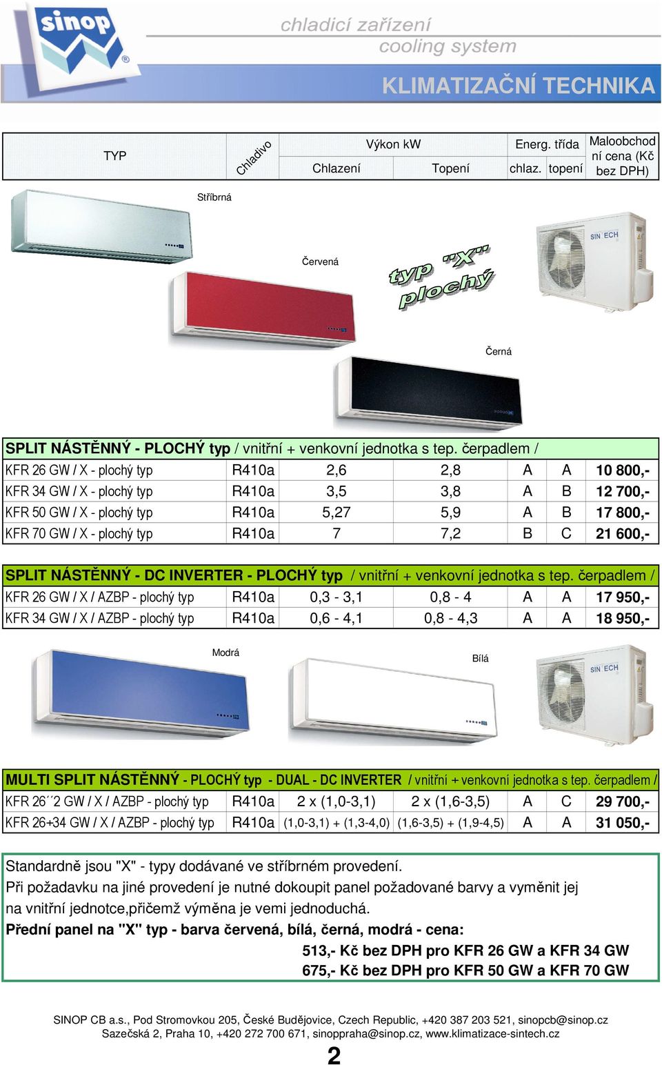 typ R410a 7 7,2 B C 21 600,- SPLIT NÁSTĚNNÝ - DC INVERTER - PLOCHÝ typ / vnitřní + venkovní jednotka s tep.