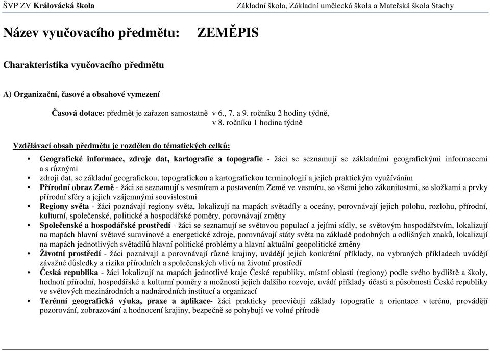 ročníku 1 hodina týdně Vzdělávací obsah předmětu je rozdělen do tématických celků: Geografické informace, zdroje dat, kartografie a topografie - žáci se seznamují se základními geografickými