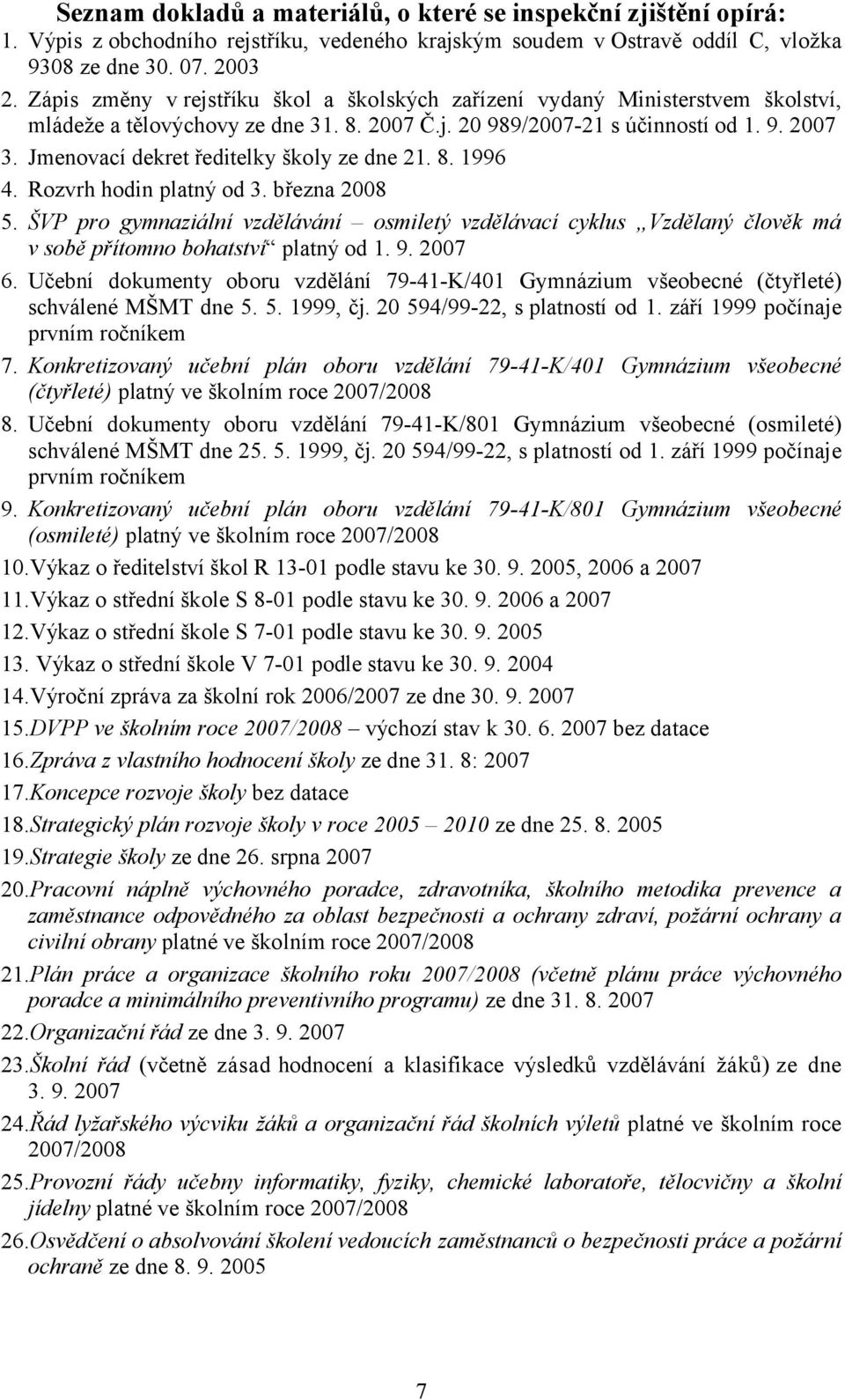 Jmenovací dekret ředitelky školy ze dne 21. 8. 1996 4. Rozvrh hodin platný od 3. března 2008 5.