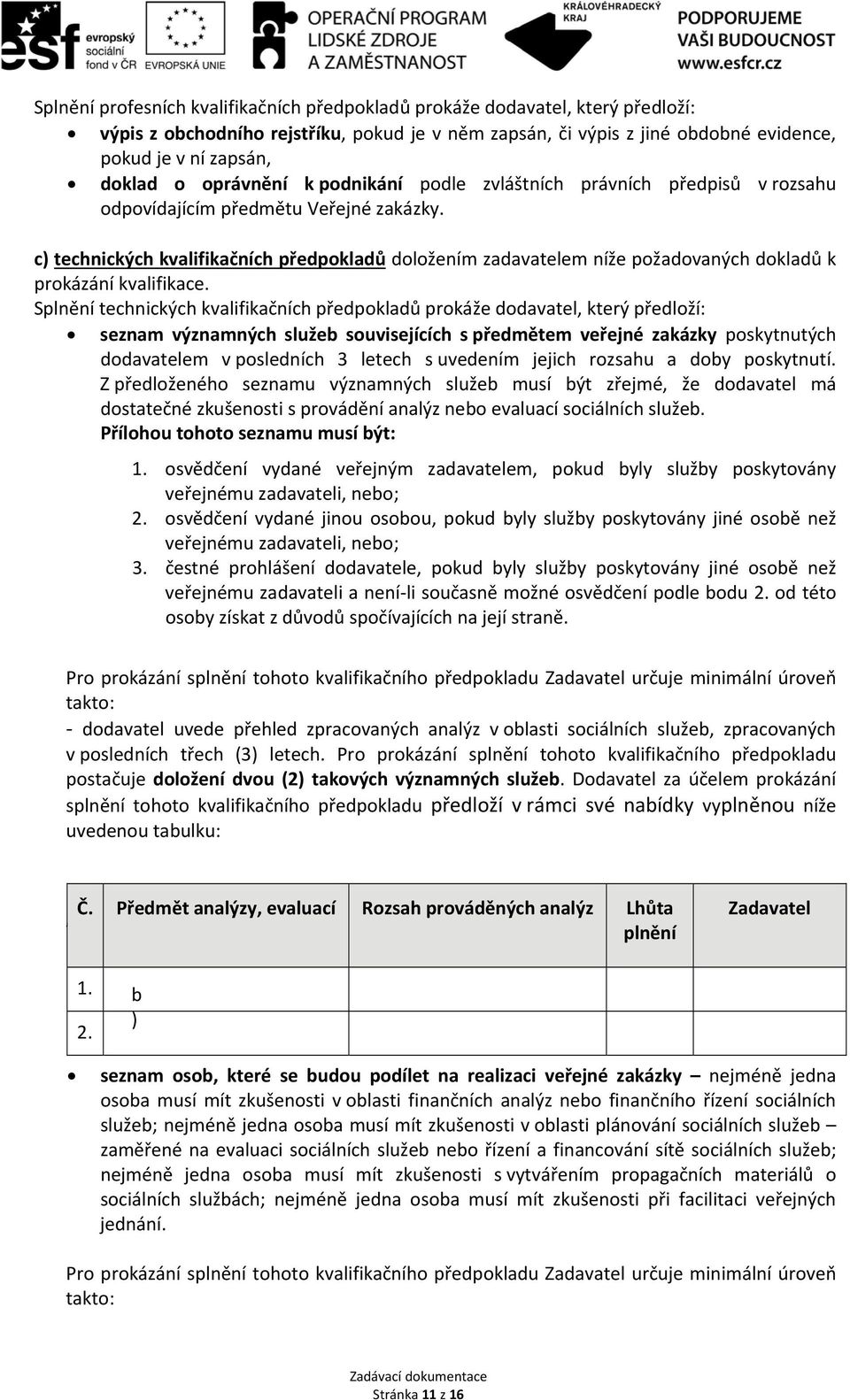 c) technických kvalifikačních předpokladů doložením zadavatelem níže požadovaných dokladů k prokázání kvalifikace.