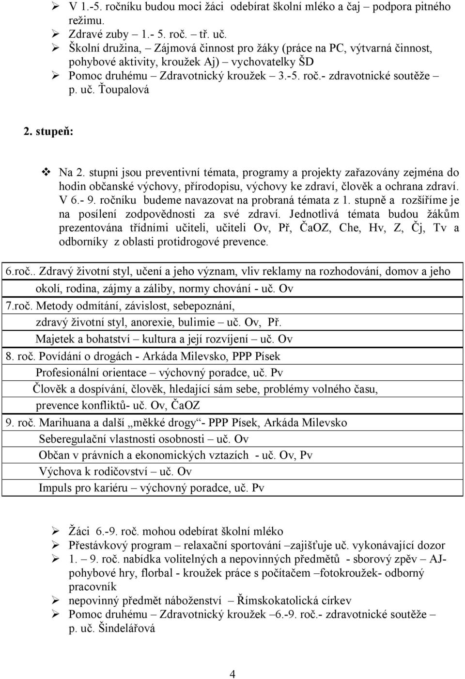 Ťoupalová 2. stupeň: v Na 2. stupni jsou preventivní témata, programy a projekty zařazovány zejména do hodin občanské výchovy, přírodopisu, výchovy ke zdraví, člověk a ochrana zdraví. V 6.- 9.