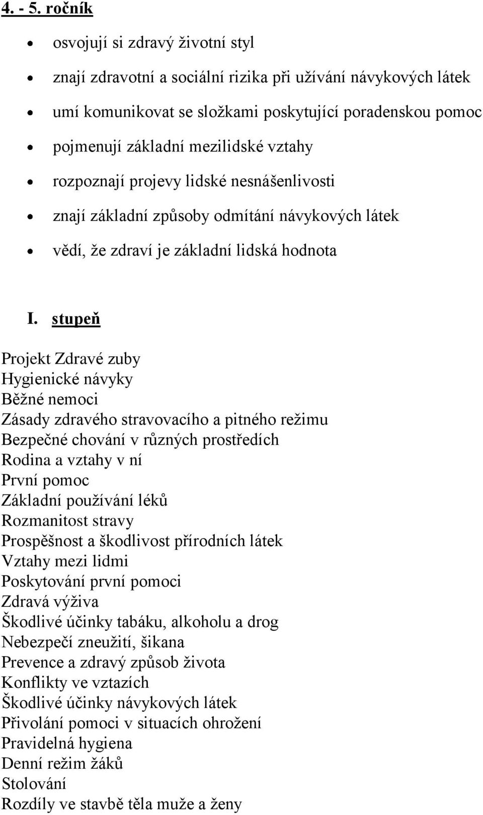 rozpoznají projevy lidské nesnášenlivosti znají základní způsoby odmítání návykových látek vědí, že zdraví je základní lidská hodnota I.