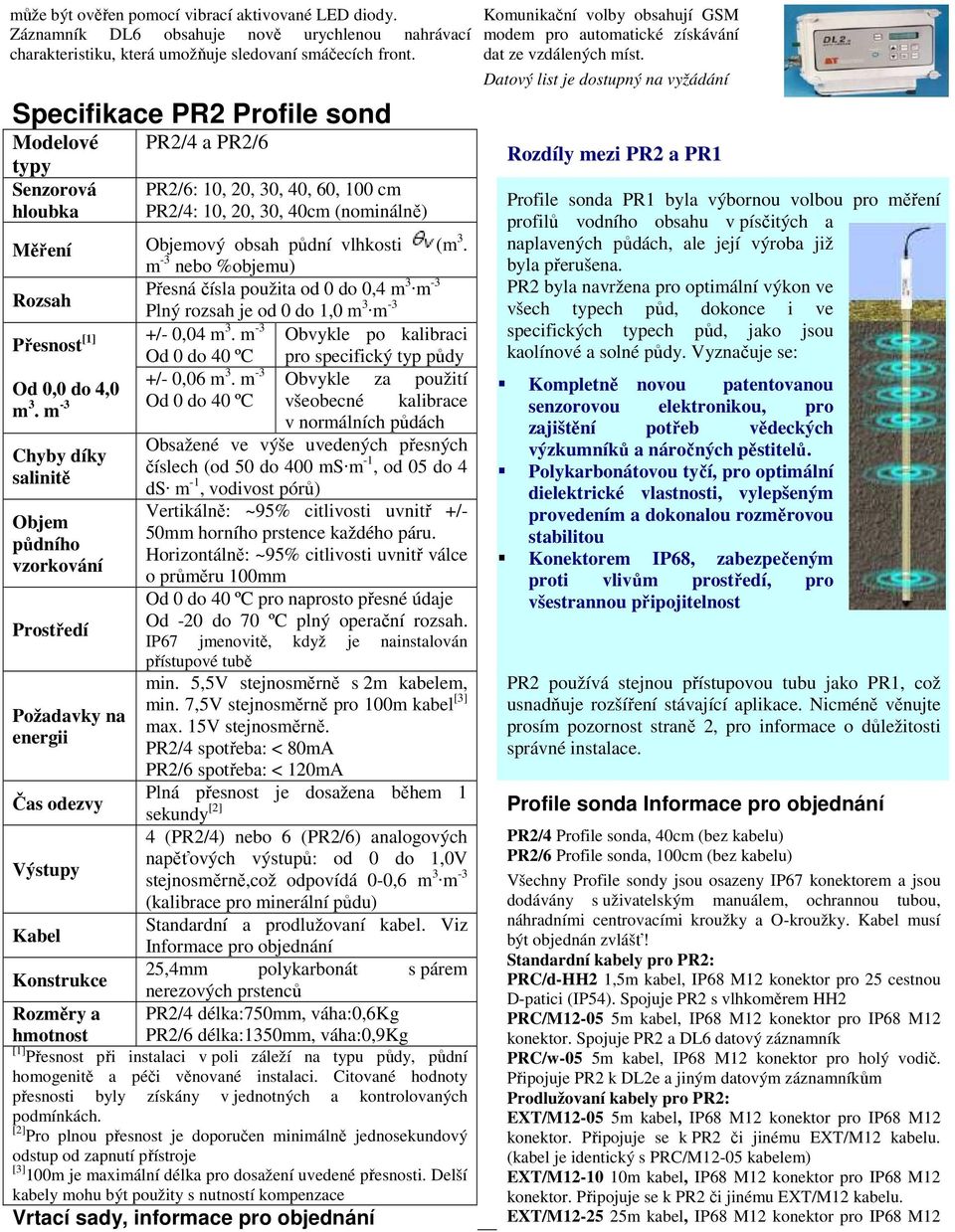 m nebo %objemu) Rozsah Přesná čísla použita od 0 do 0,4 m Plný rozsah je od 0 do 1,0 m Přesnost [1] +/- 0,04 m 3. m Obvykle po kalibraci Od 0 do 40 ºC pro specifický typ půdy +/- 0,06 m Od 0,0 do 4,0.