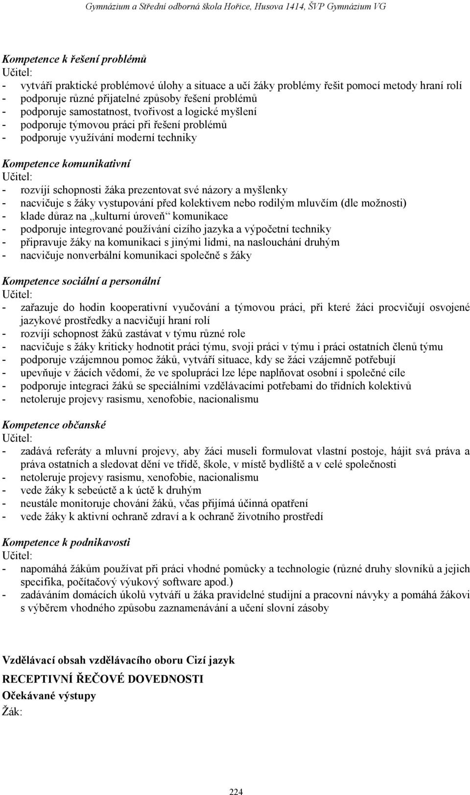 názory a myšlenky - nacvičuje s žáky vystupování před kolektivem nebo rodilým mluvčím (dle možnosti) - klade důraz na kulturní úroveň komunikace - podporuje integrované používání cizího jazyka a