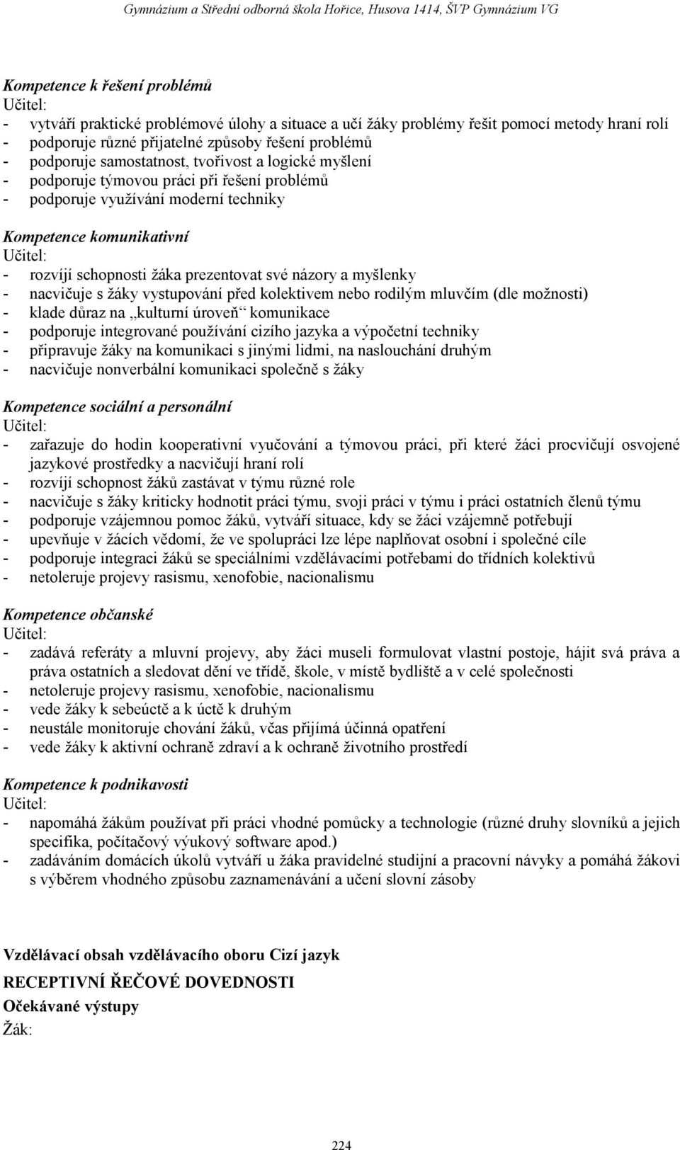 názory a myšlenky - nacvičuje s žáky vystupování před kolektivem nebo rodilým mluvčím (dle možnosti) - klade důraz na kulturní úroveň komunikace - podporuje integrované používání cizího jazyka a