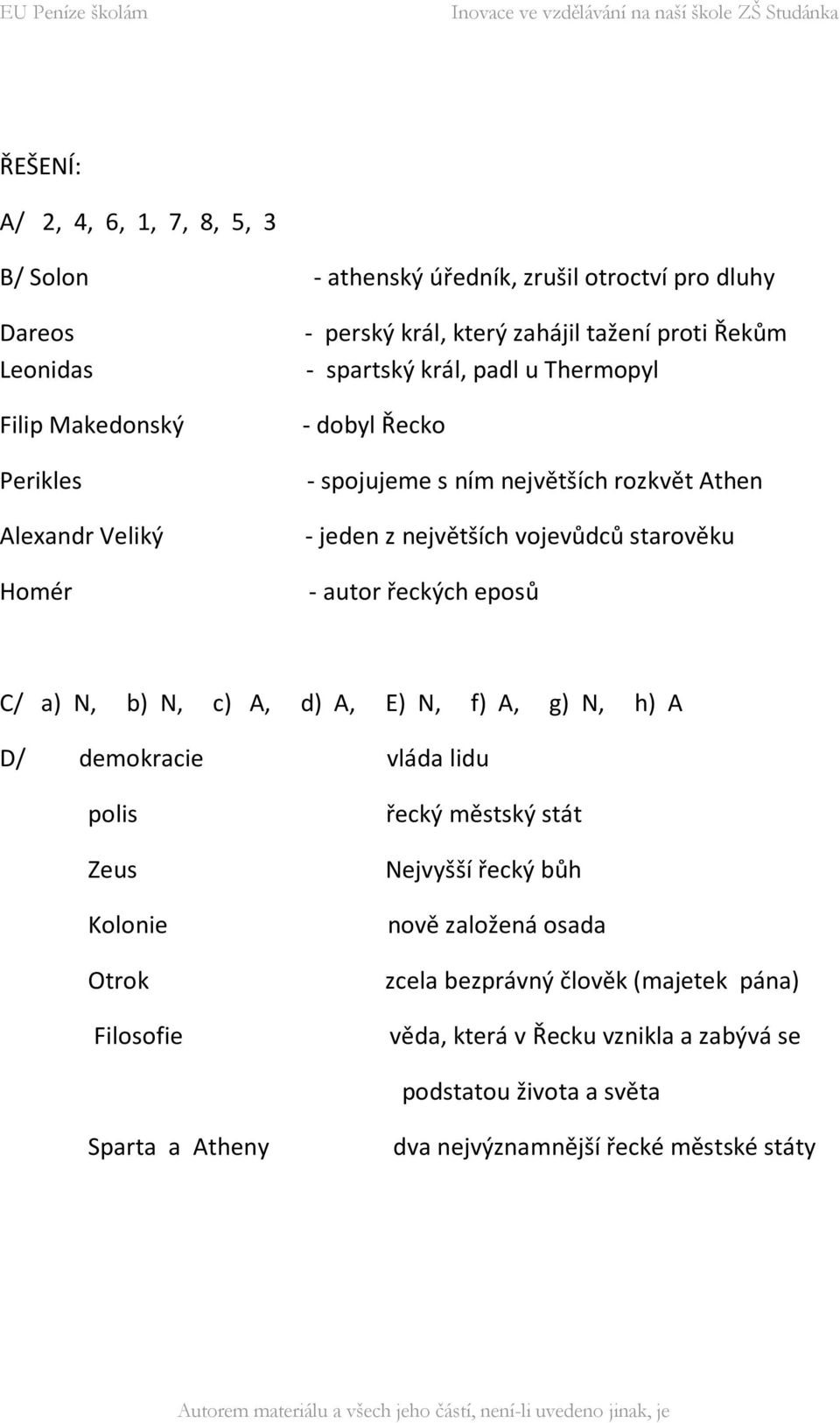 autor řeckých eposů C/ a) N, b) N, c) A, d) A, E) N, f) A, g) N, h) A D/ demokracie vláda lidu polis Zeus Kolonie Otrok Filosofie řecký městský stát Nejvyšší řecký bůh