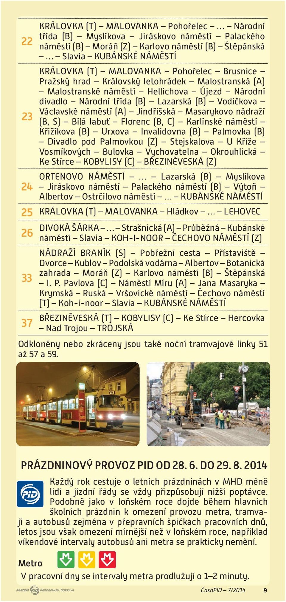 Masarykovo nádraží 23 (B, S) Bílá labuť Florenc (B, C) Karlínské náměstí Křižíkova (B) Urxova Invalidovna (B) Palmovka (B) Divadlo pod Palmovkou (Z) Stejskalova U Kříže Vosmíkových Bulovka