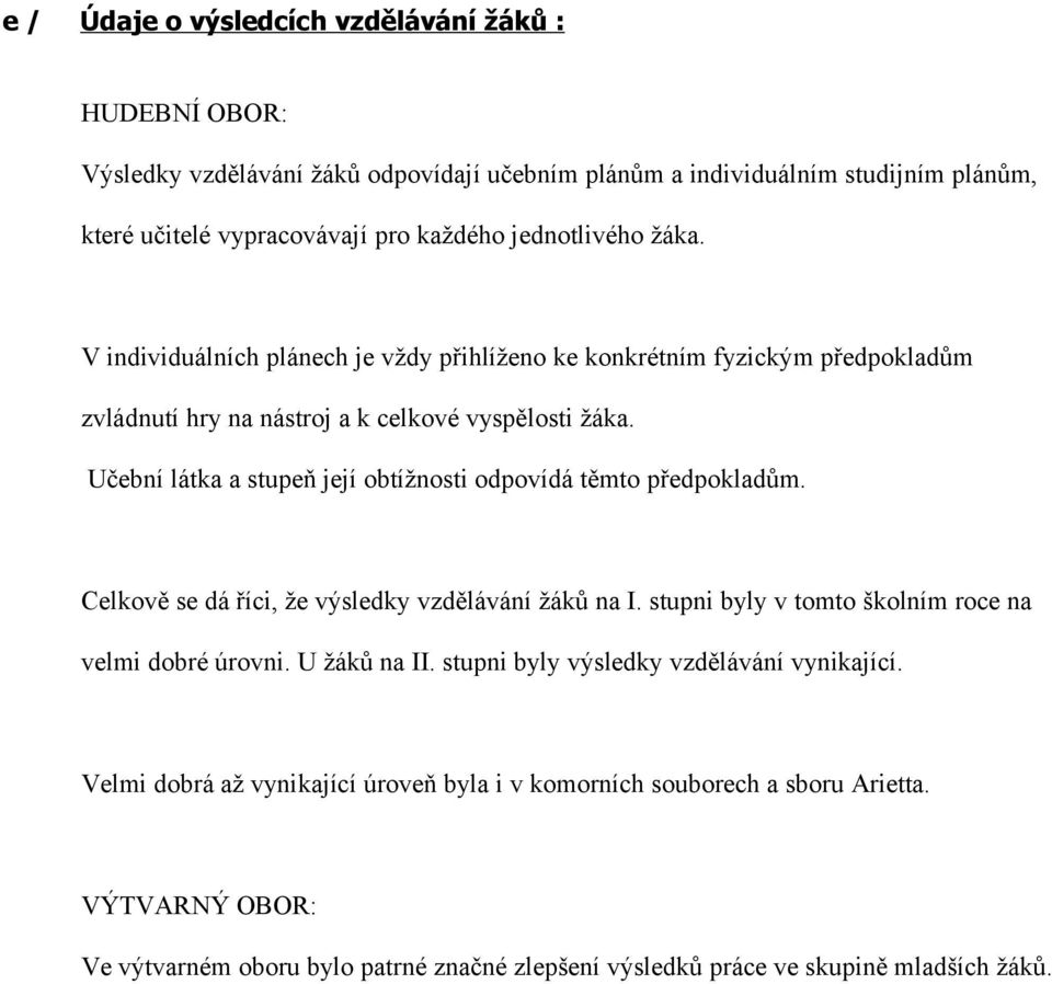 Učební látka a stupeň její obtížnosti odpovídá těmto předpokladům. Celkově se dá říci, že výsledky vzdělávání žáků na I. stupni byly v tomto školním roce na velmi dobré úrovni.