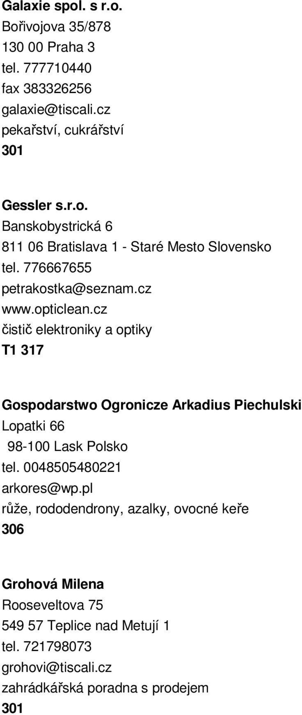 cz čistič elektroniky a optiky 317 Gospodarstwo Ogronicze Arkadius Piechulski Lopatki 66 98-100 Lask Polsko tel. 0048505480221 arkores@wp.
