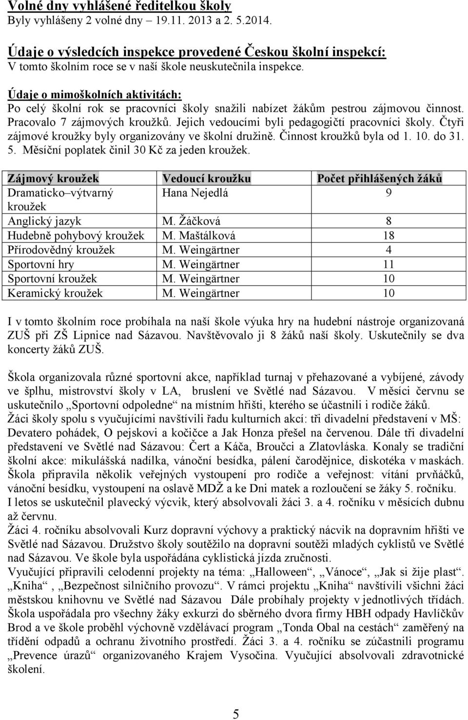 Údaje o mimoškolních aktivitách: Po celý školní rok se pracovníci školy snažili nabízet žákům pestrou zájmovou činnost. Pracovalo 7 zájmových kroužků.