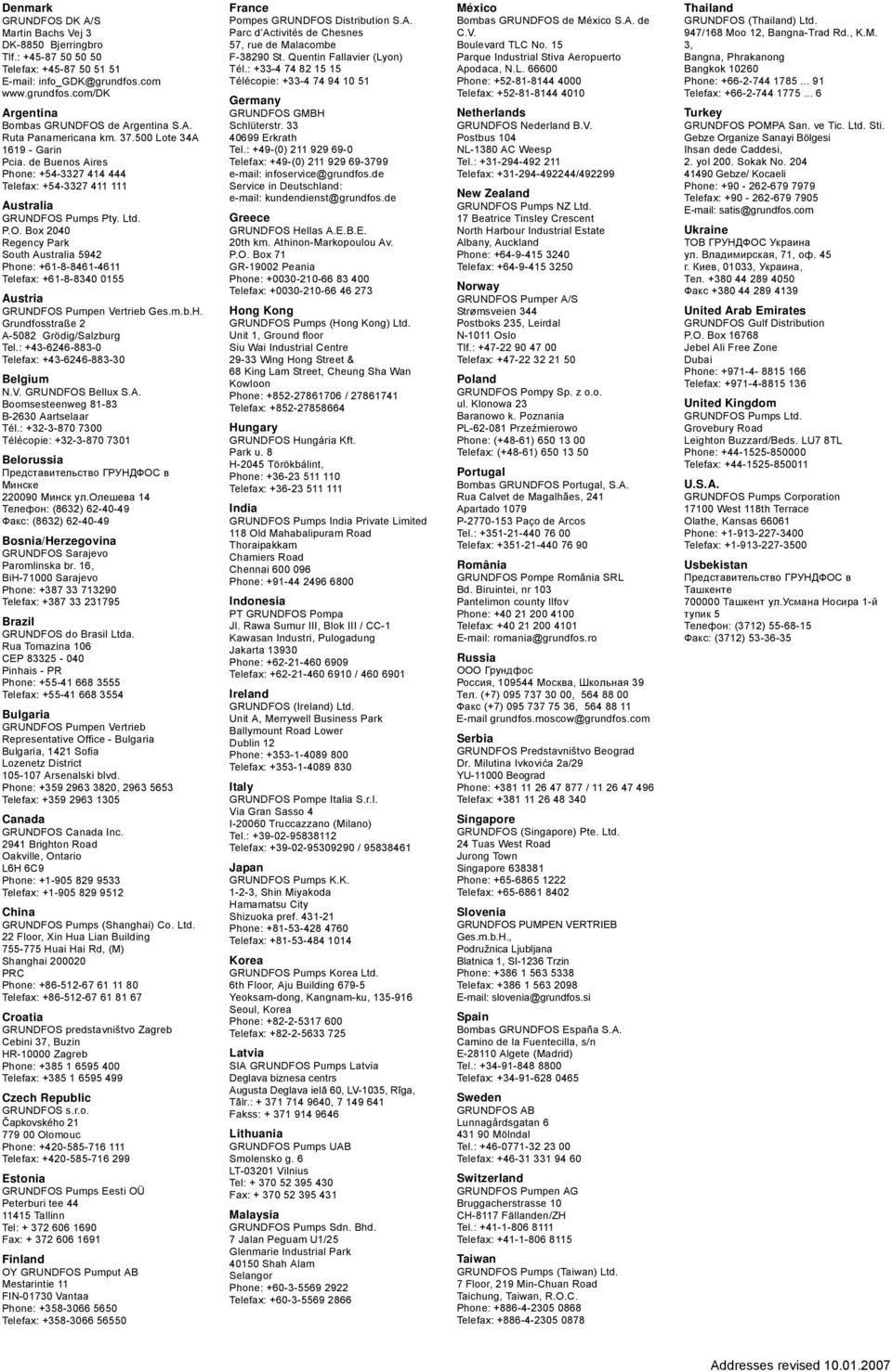 Pumps Pty. Ltd. P.O. Box 2040 Regency Park South Australia 5942 Phone: +61-8-8461-4611 Telefax: +61-8-8340 0155 Austria GRUNDFOS Pumpen Vertrieb Ges.m.b.H. Grundfosstraße 2 A-5082 Grödig/Salzburg Tel.