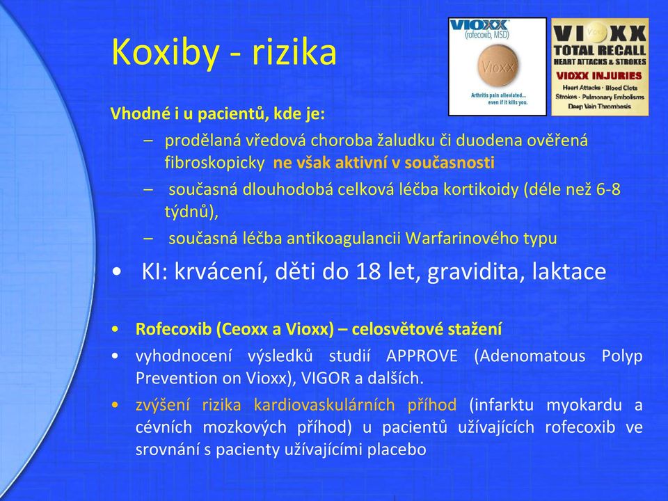 laktace Rofecoxib (Ceoxx a Vioxx) celosvětové stažení vyhodnocení výsledků studií APPROVE (Adenomatous Polyp Prevention on Vioxx), VIGOR a dalších.