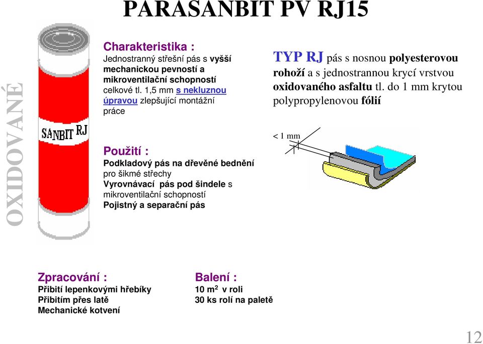 mikroventilační schopností Pojistný a separační pás TYP RJ pás s nosnou polyesterovou rohoží a s jednostrannou krycí vrstvou oxidovaného