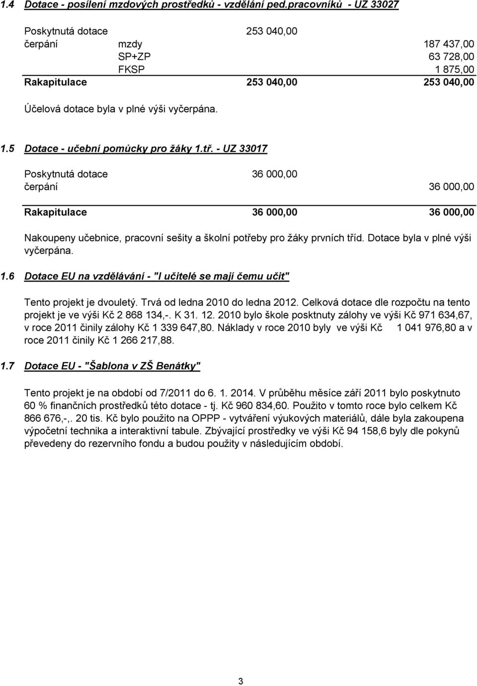 tř. - UZ 33017 Poskytnutá dotace 36 000,00 čerpání 36 000,00 Rakapitulace 36 000,00 36 000,00 Nakoupeny učebnice, pracovní sešity a školní potřeby pro žáky prvních tříd.