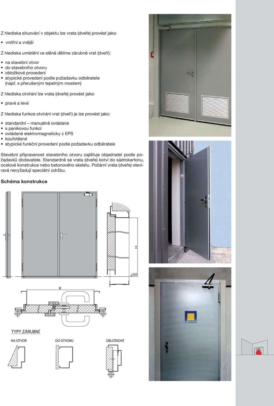 s přerušeným tepelným mostem) Z hlediska otvírání lze vrata (dveře) provést jako: pravé a levé Z hlediska funkce otvírání vrat (dveří) je lze provést jako: standardní manuálně ovládané s panikovou