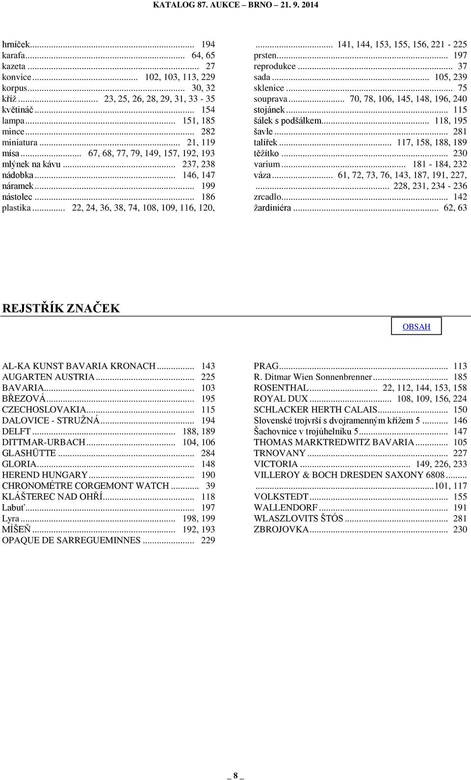 .. 141, 144, 153, 155, 156, 221-225 prsten... 197 reprodukce... 37 sada... 105, 239 sklenice... 75 souprava... 70, 78, 106, 145, 148, 196, 240 stojánek... 115 šálek s podšálkem... 118, 195 šavle.