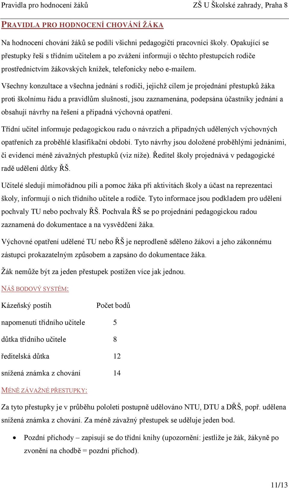 Všechny konzultace a všechna jednání s rodiči, jejichž cílem je projednání přestupků žáka proti školnímu řádu a pravidlům slušnosti, jsou zaznamenána, podepsána účastníky jednání a obsahují návrhy na