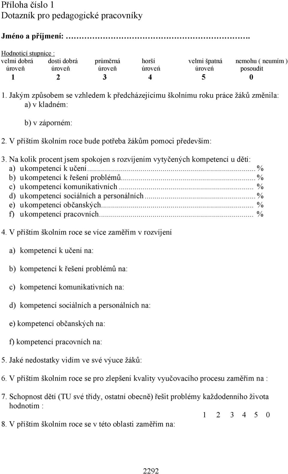 Jakým způsobem se vzhledem k předcházejícímu školnímu roku práce žáků změnila: a) v kladném: b) v záporném: 2. V příštím školním roce bude potřeba žákům pomoci především: 3.